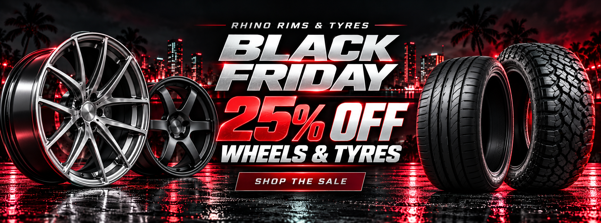 Silver and black alloy wheels alongside road and all-terrain tyres in Rhino’s Black Friday sale