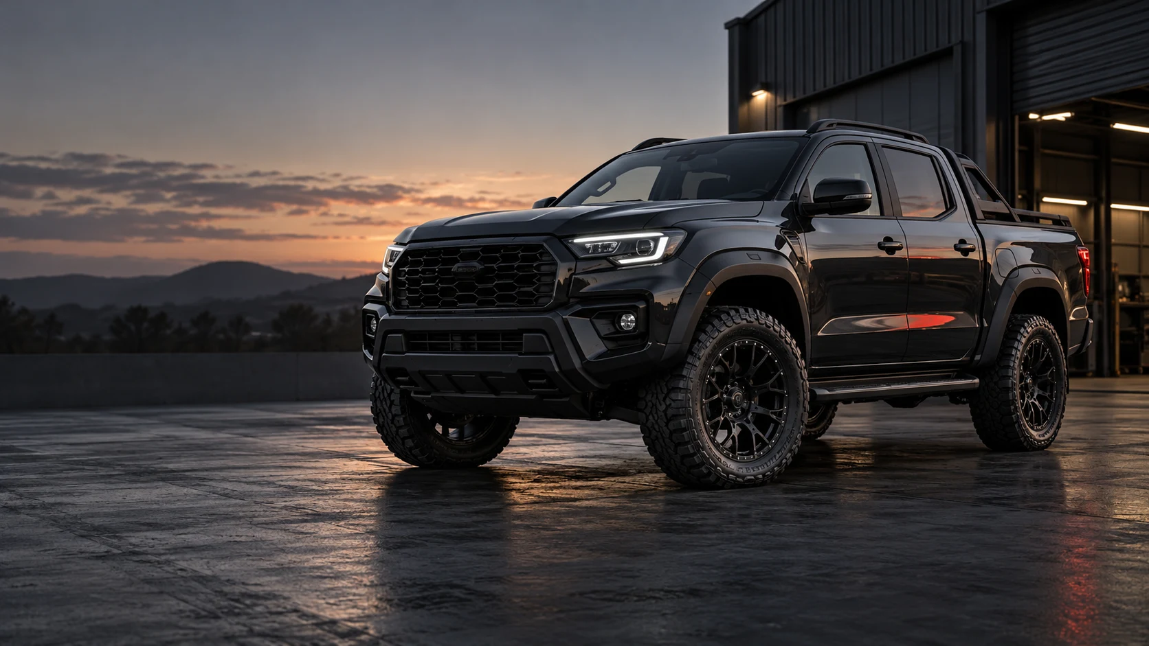 Charcoal 4x4 with black alloy wheels outside an automotive workshop