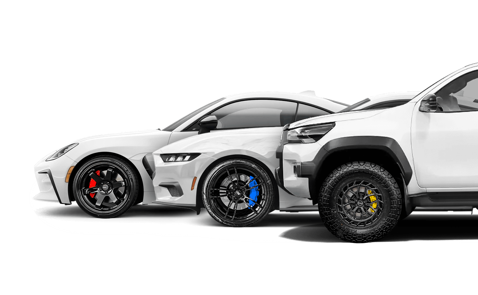 White vehicles showing red, blue and yellow painted brake callipers