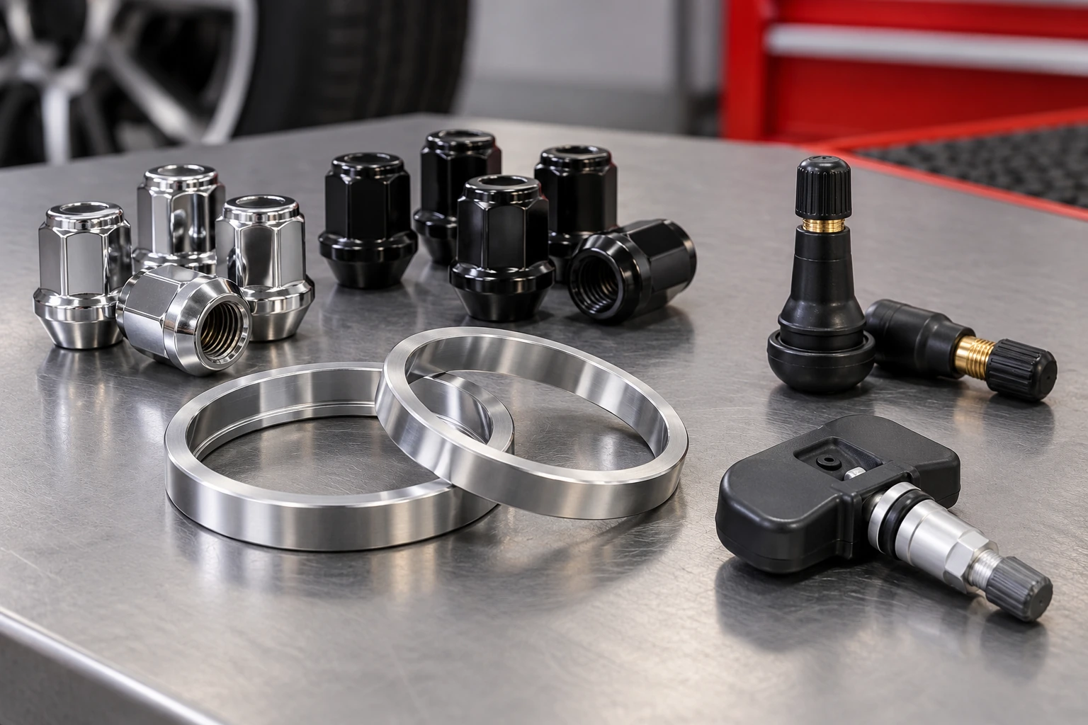 Wheel nuts, hub rings, valves and a TPMS sensor