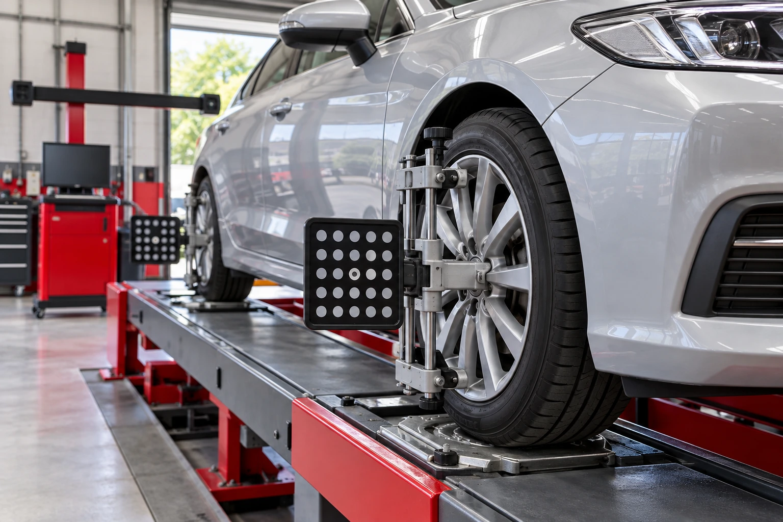 Vehicle on an alignment rack with wheel measuring targets