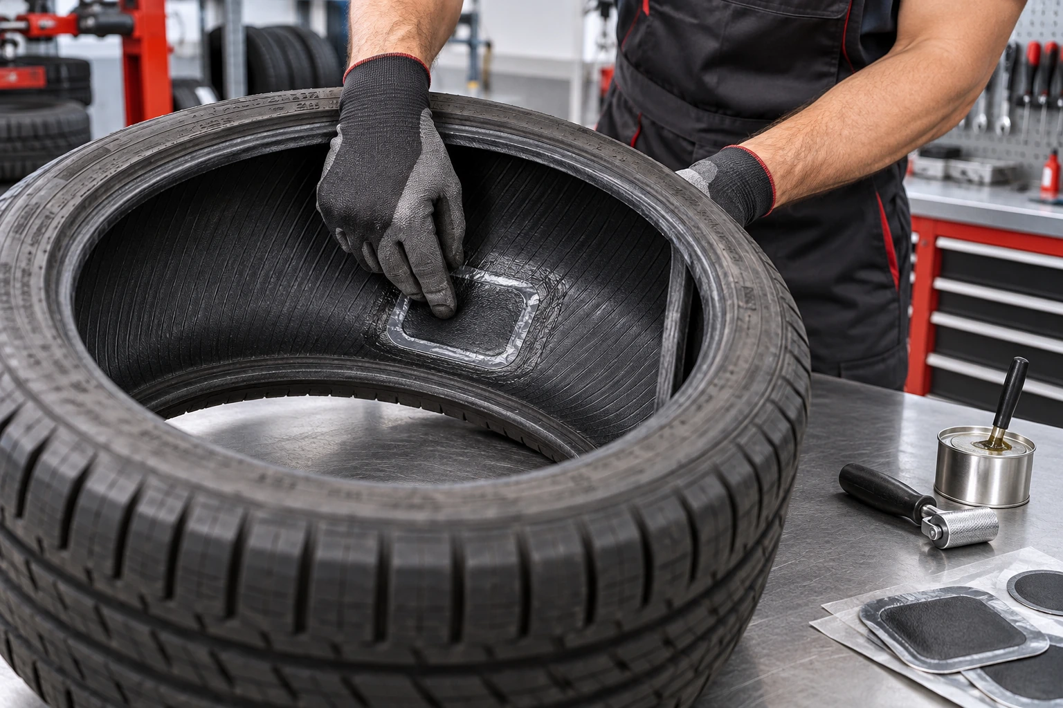 Technician inspecting an internal tyre repair with the tyre removed from its rim