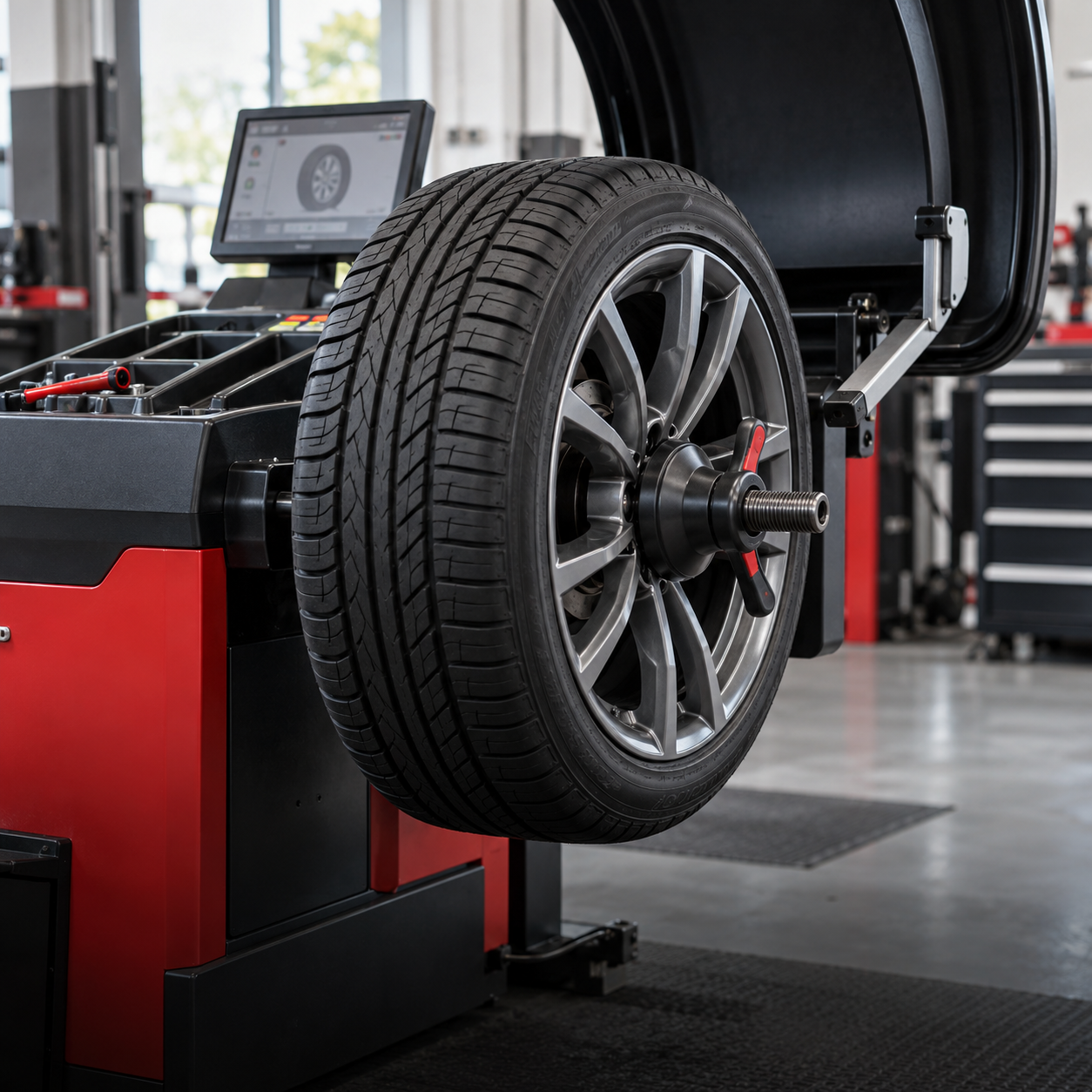 Wheel and tyre secured on a professional balancing machine
