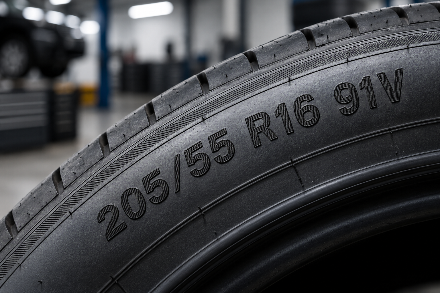 Close-up of a tyre sidewall showing the size 205/55 R16