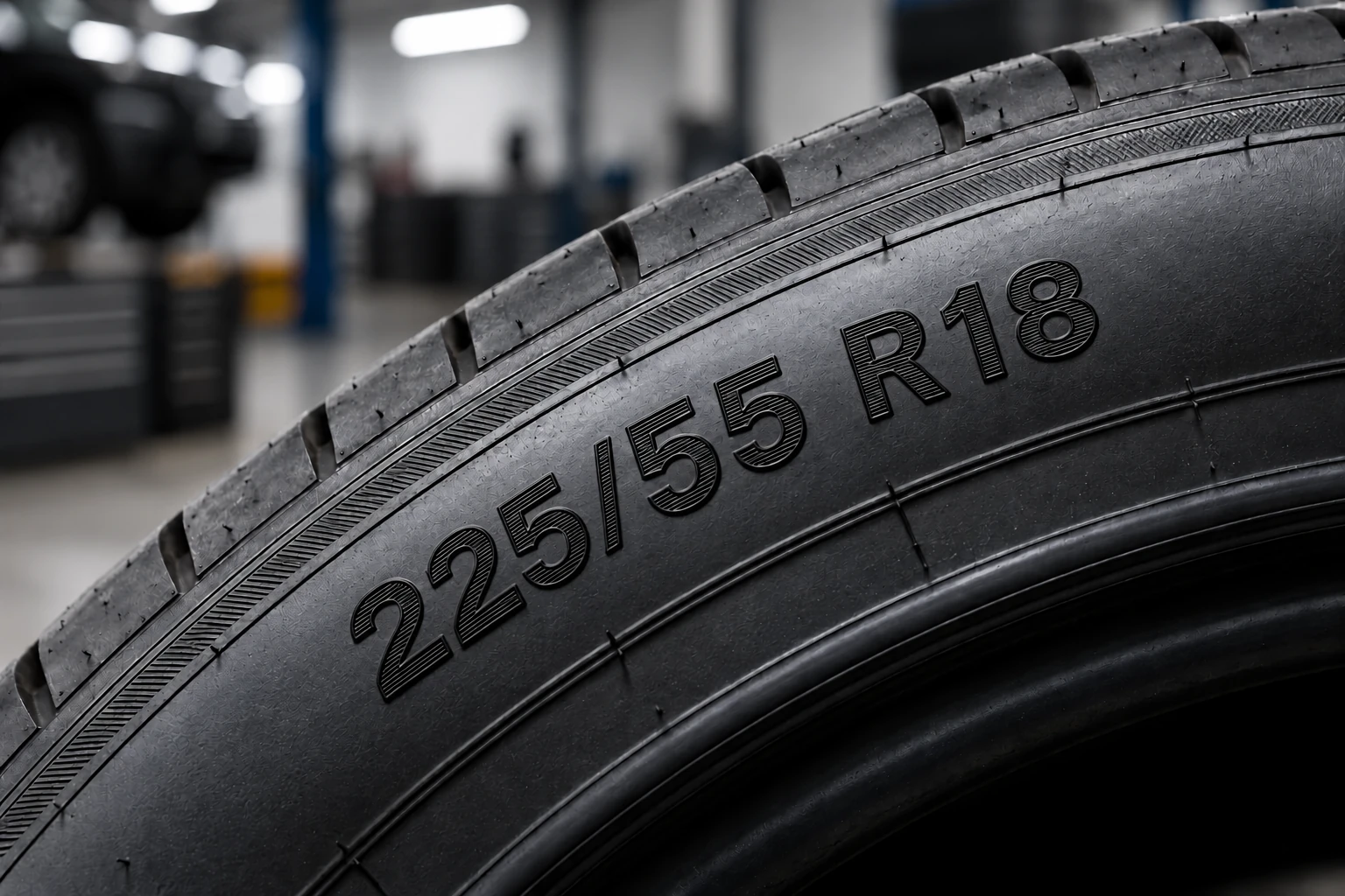 Close-up of a tyre sidewall marked 225/55 R18