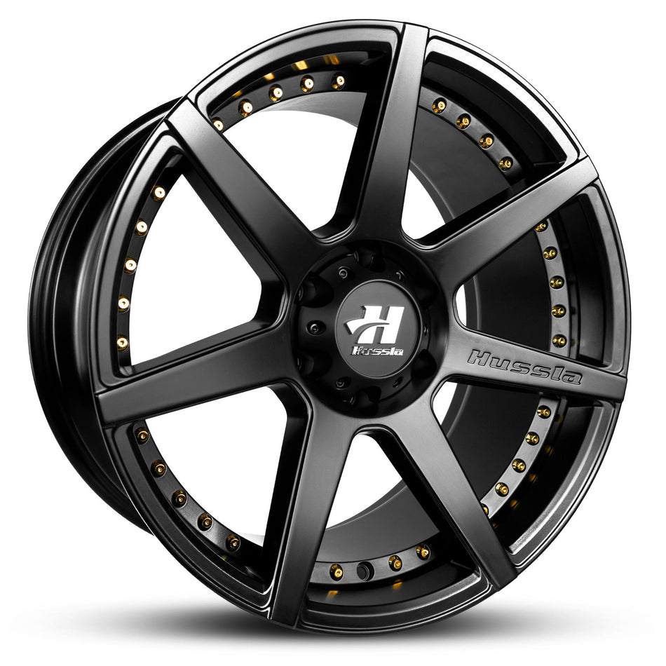 HUSSLA DYNASTY 20X9.5 6X114.3 15 MATTE BLACK GOLD RIVETS