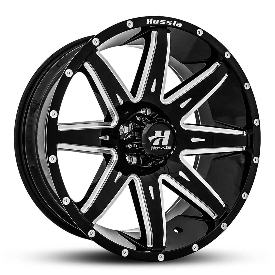 HUSSLA GATLING 22X12 5X127 -40 GLOSS BLACK MILLED SPOKES