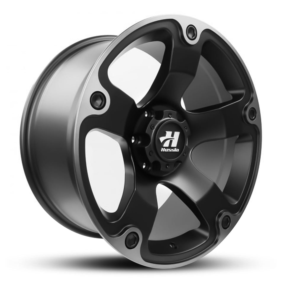 HUSSLA M16 18X9 6X114.3 25 MATTE BLACK DARK TINT LIP BLACK BOLTS