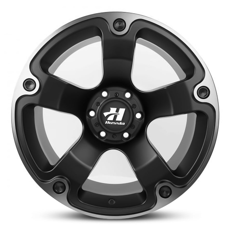 HUSSLA M16 18X9 6X114.3 25 MATTE BLACK DARK TINT LIP BLACK BOLTS