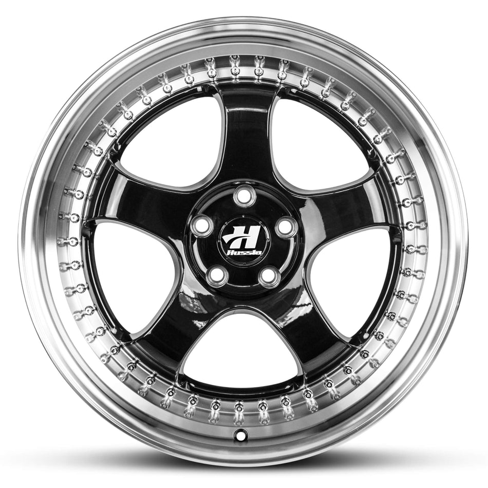 HUSSLA ZEN 19X9.5 5X100 40 GLOSS BLACK CENTRE MACHINED LIP AND CHROME RIVETS