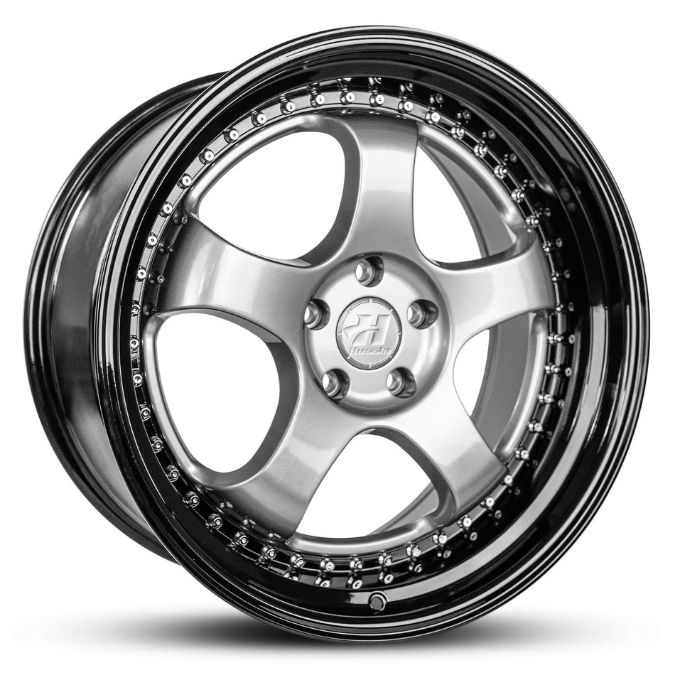 HUSSLA ZEN 22X9 5X120 40 GUNMETAL GREY CENTRE BLACK LIP AND CHROME RIVETS