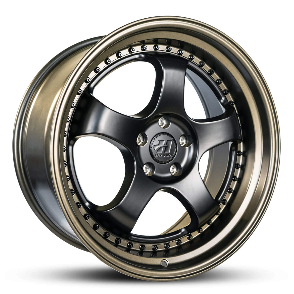 HUSSLA ZEN 19X8.5 adjustable 15 MATTE BLACK CENTRE MATTE BRONZE LIP AND BLACK RIVETS
