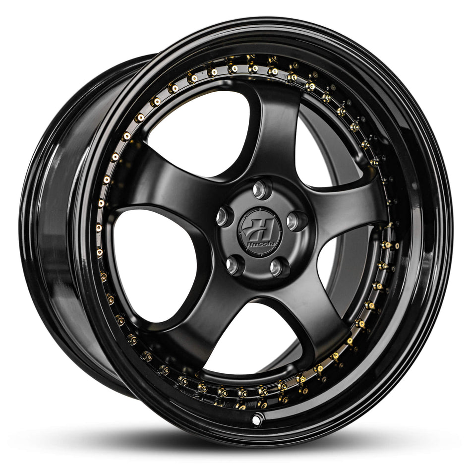 HUSSLA ZEN 19X8.5 5X114.3 30 MATTE BLACK CENTRE GLOSS BLACK LIP AND GOLD RIVETS
