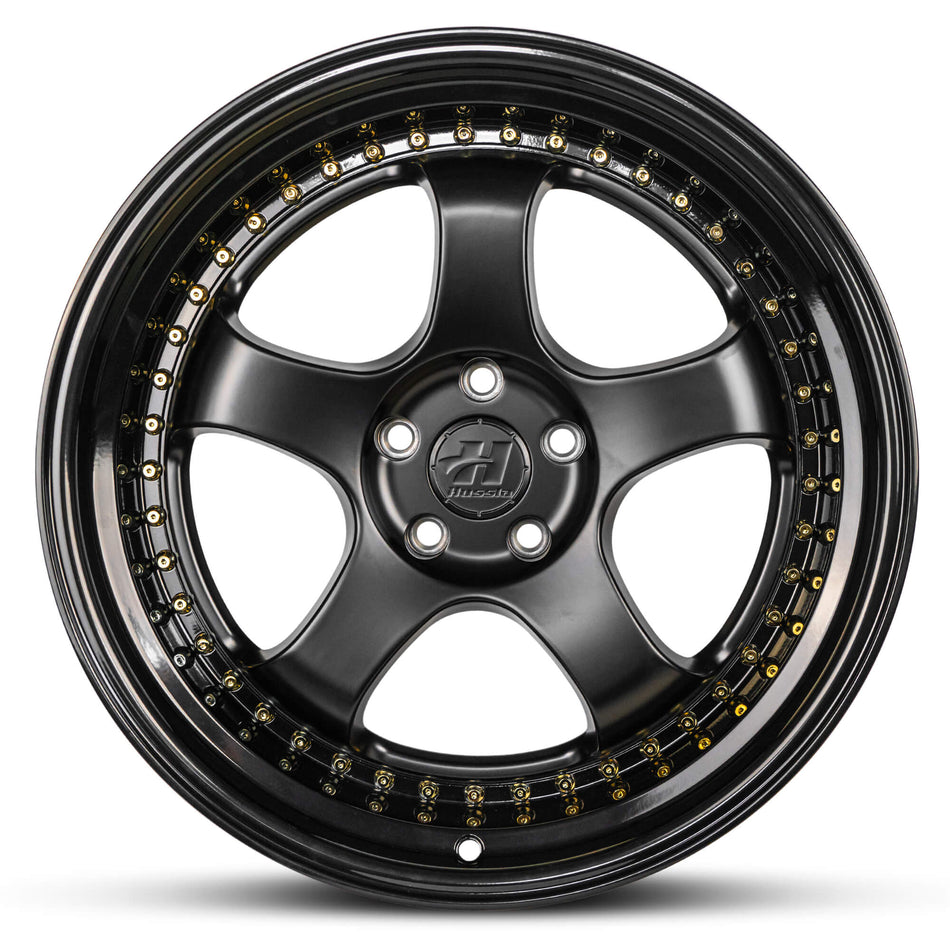 HUSSLA ZEN 19X8.5 5X114.3 30 MATTE BLACK CENTRE GLOSS BLACK LIP AND GOLD RIVETS